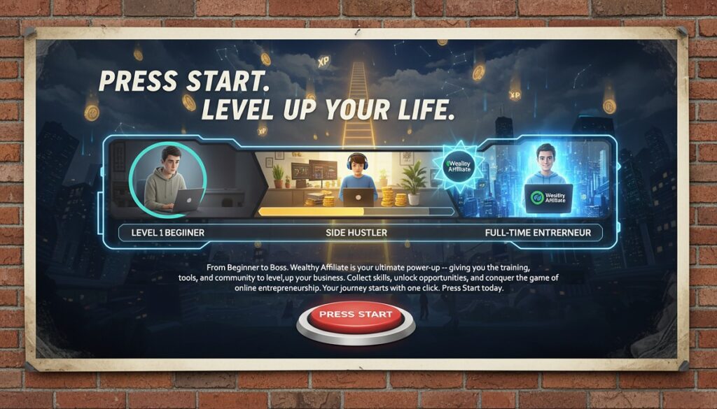 A retro gamified poster pinned to a brick wall featuring a 3-step 'Level Up Your Life' journey from 'Level 1 Beginner' to 'Full-time Entrepreneur,' promoting Wealthy Affiliate.