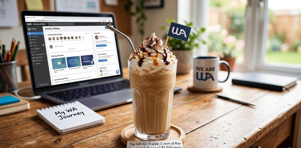 A laptop displaying the Wealthy Affiliate dashboard next to a tall caramel frappe with a WA flag, a "My WA Journey" notebook, and a Wealthy Affiliate mug on a wooden desk.