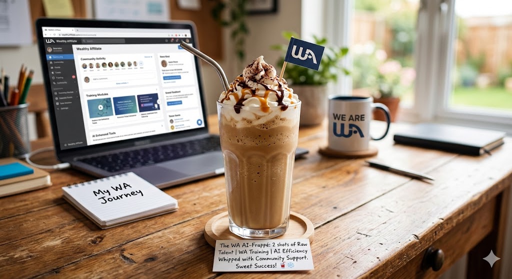 A laptop displaying the Wealthy Affiliate dashboard next to a tall caramel frappe with a WA flag, a "My WA Journey" notebook, and a Wealthy Affiliate mug on a wooden desk.