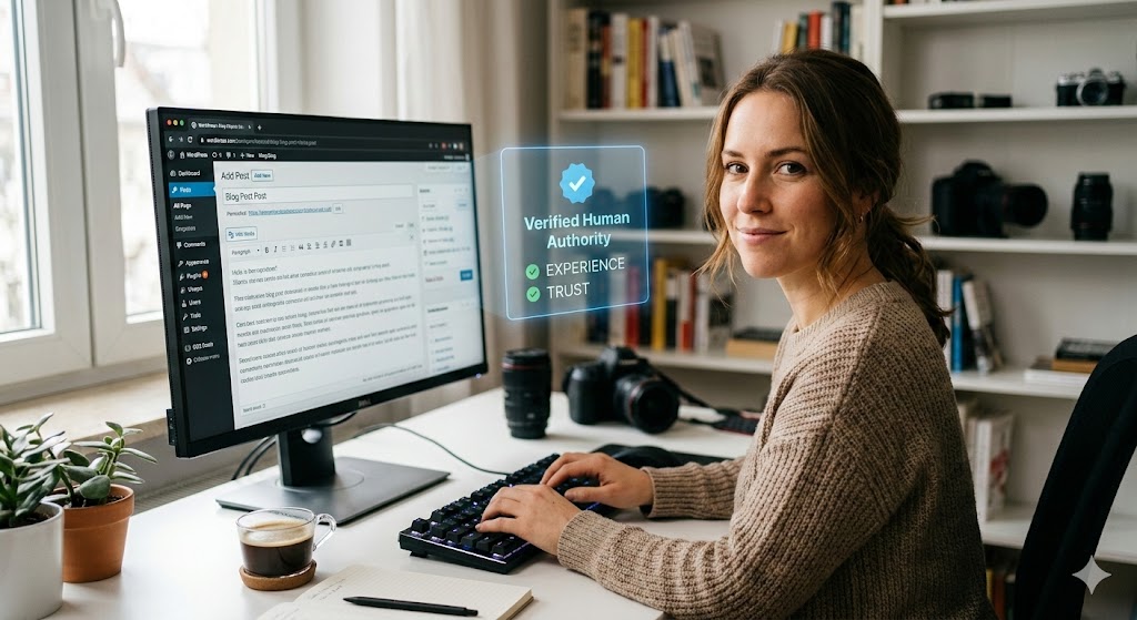 A woman sitting at a desk with a computer monitor showing a blog editor, looking at the camera with a smile. A blue holographic interface displays checkmarks for "Experience" and "Trust" next to her screen.