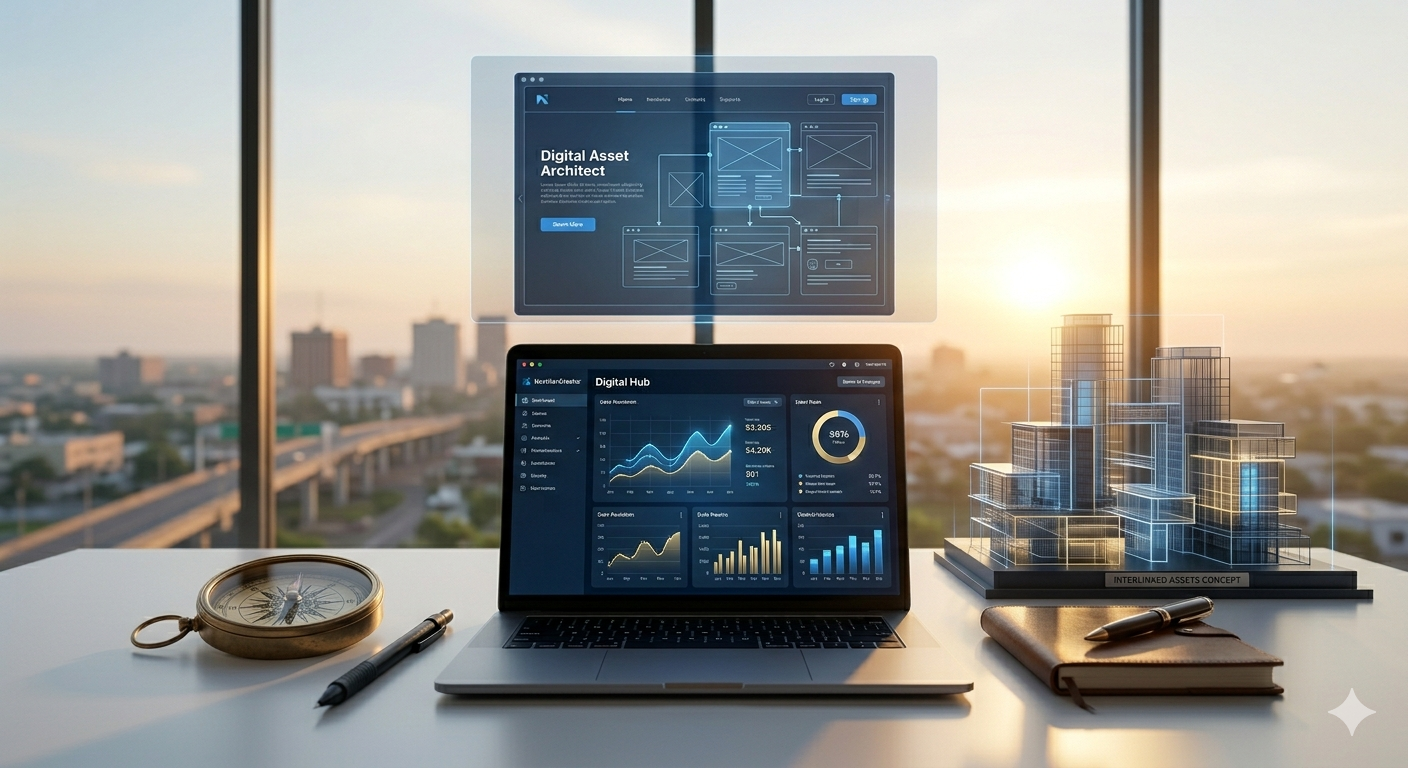 A futuristic Digital Asset Architect workspace featuring a holographic website blueprint, financial dashboard, and a brass compass symbolizing strategic navigation in the 2026 creator economy.